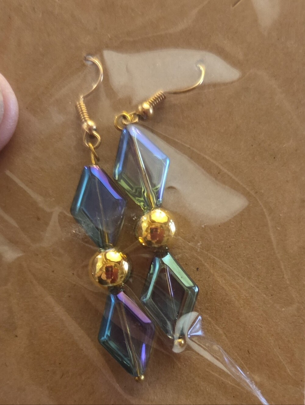 Iridescent Blue-Green Faceted Dangle Earrings with Gold Accents
